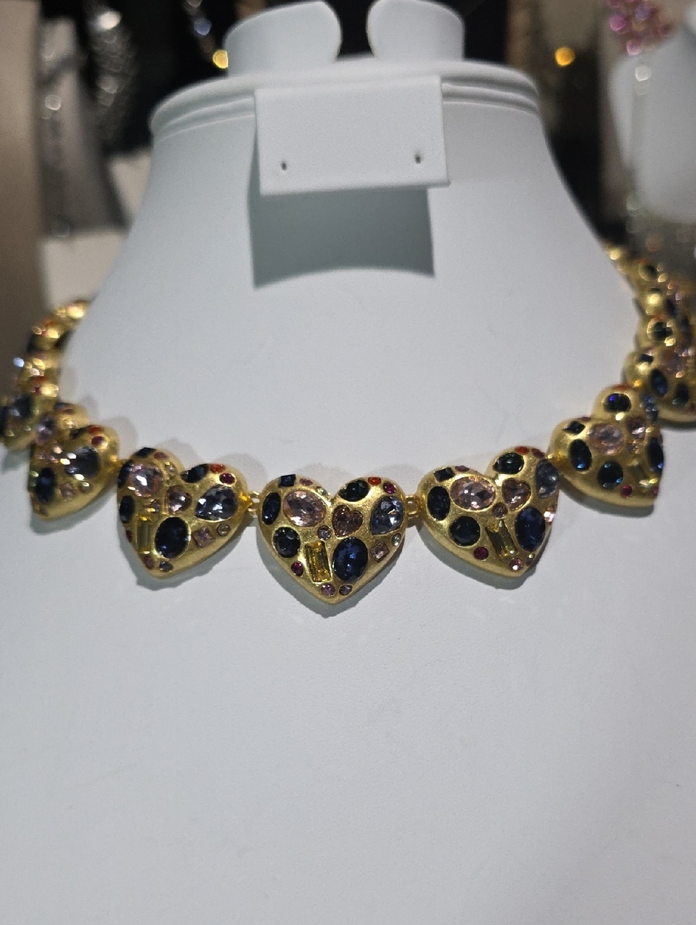 Gold-Tone Heart Necklace with Blue and Pink Stones